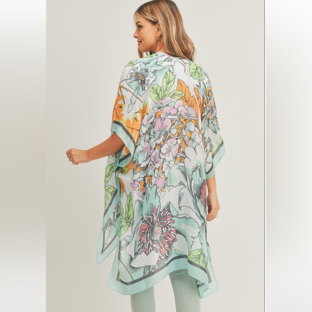 BOHO FLORAL PRINT KIMONO -TURQUOISE - Picture 2 of 3